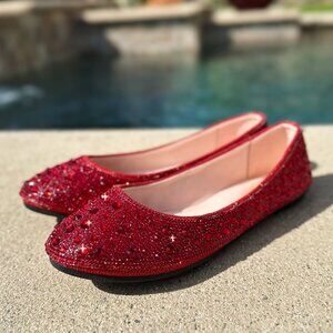 New Red Round Toe Rhinestone Crystal Embellished Ballet Flat Shoes Ballerina